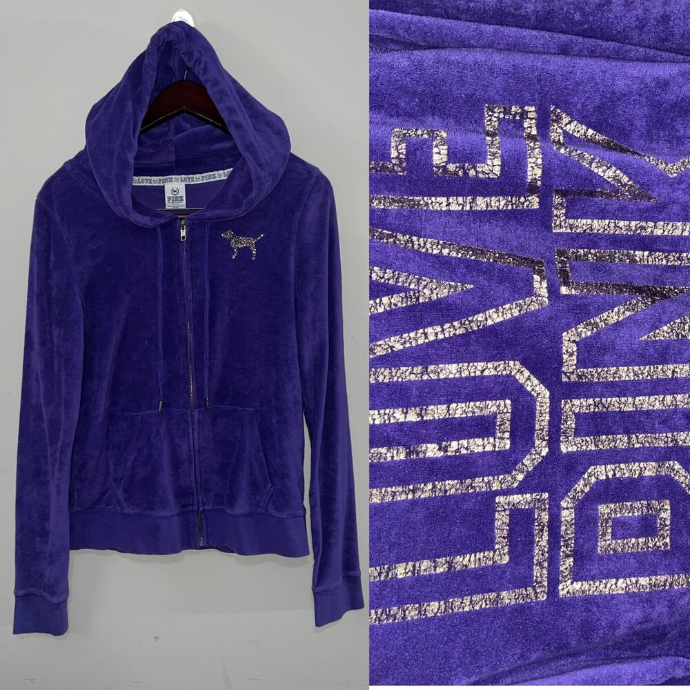 VTG Victorias Secret PINK Y2K Love Pink Purple Velour Zip Up Hoodie (0923)